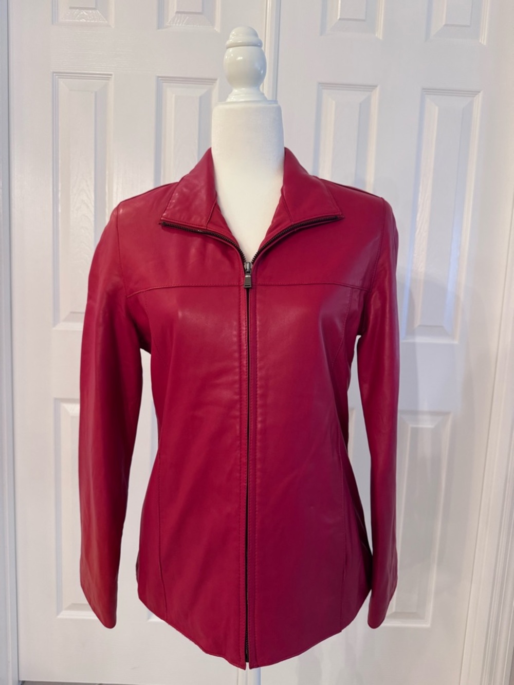 Women's True Red Leather Zip-Up Jacket